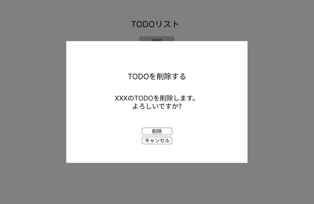 TODOを削除するためのダイアログ要素画面。
【TODOの名称】のTODOを削除します。よろしいですか?とメッセージが表示されており、削除ボタンとキャンセルボタンがある